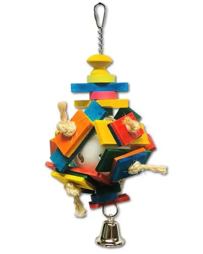 Vibrant Happy Beaks Cluster Ball toy with colorful wood blocks, birdie bagels, sisal rope, and a shiny bell for birds.