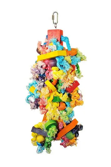 Vibrant Sm Hairy Monster-Happy Beaks toy with colorful wood balls, blocks, and sisal rope, perfect for birds to chew.