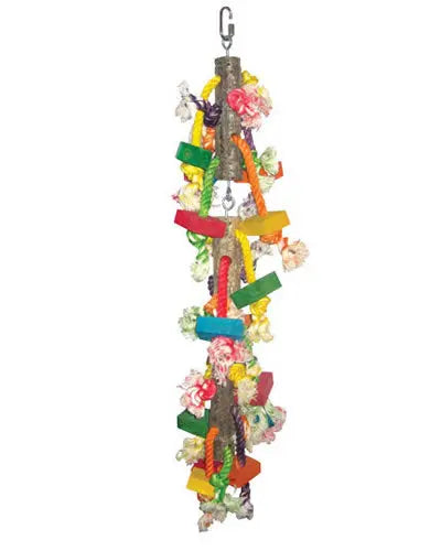 Colorful wooden blocks and logs strung on a sturdy knotted cotton rope, perfect for medium-sized birds to chew and play.