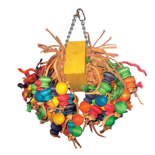 Vibrant bird toy with a wooden block center, hanging wooden beads on a metal chain, and knotted sisal rope for preening.