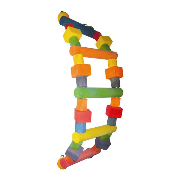 Vibrant bird ladder with colorful wooden shapes on a flexible wire, perfect for creating a fun play area for your pet.