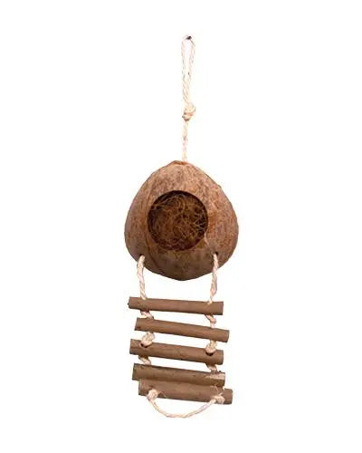 Cozy Coco Hideaway by Happy Beaks, featuring a natural coconut shell stuffed with coco fiber and a hanging ladder.