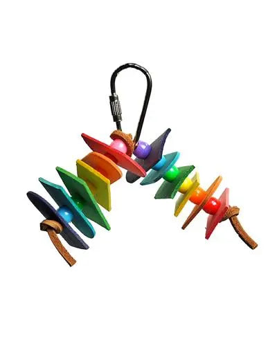 Colorful Wooden Slats Happy Beaks bird toy with soft balsa wood, vibrant plastic beads, and durable leather straps.