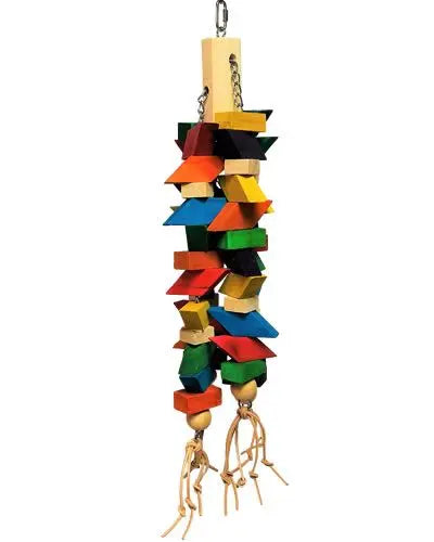 Vibrant Happy Beaks Extra Large Trapezoid bird toy with colorful wood shapes, a natural log, and leather straps for chewing fun.