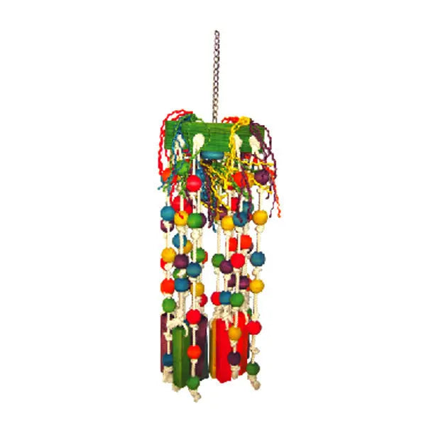 Vibrant Enormous Squid-Happy Beaks toy with a wooden block, colorful balls, and knotted ropes hanging on a metal chain for large birds.