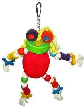 Colorful wooden frog toy for birds, featuring stars, spools, circles, balls, and cotton rope, hanging at 11x9 inches.