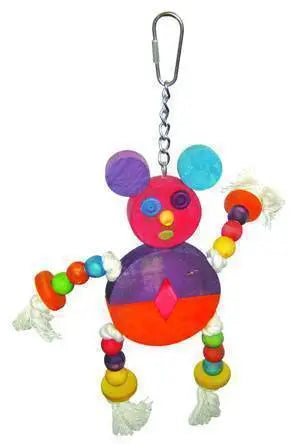 Colorful wooden mouse bird toy with chewable discs, balls, and rope, perfect for medium to large birds to play and beak.