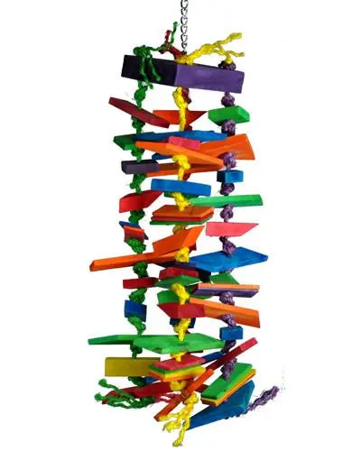 Vibrant Tremendous Chew-Happy Beaks toy with thick wood blocks and durable sisal rope, perfect for large birds to enjoy.