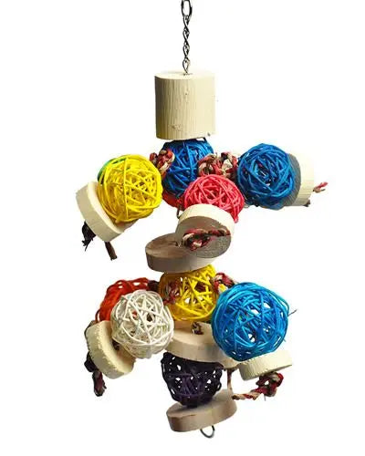 Vibrant toy for small birds featuring colorful wicker balls and java wood slices, hung on a chain for playful chewing.