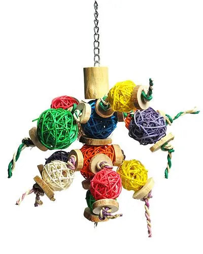 Vibrant toy for medium birds featuring multi-colored wicker balls and java wood slices, hung on a chain for playful chewing.