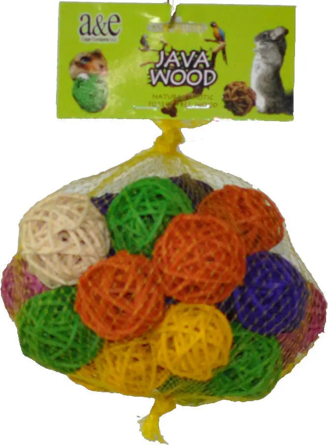 Colorful 2-inch wicker balls in a net bag, perfect as bird foot toys for foraging fun with treats inside.