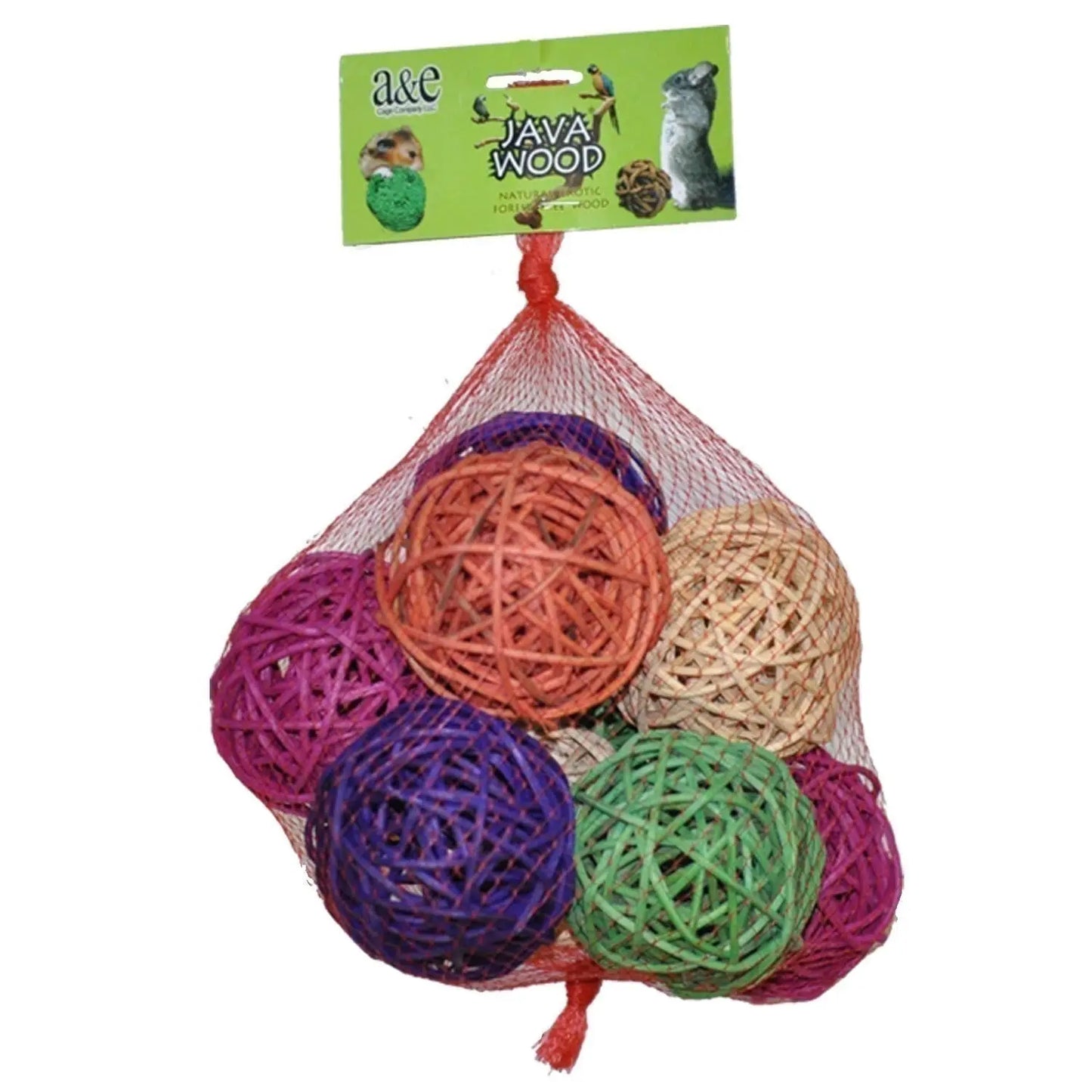 Colorful 3.5-inch wicker vine balls in a net bag, perfect as foraging foot toys for medium to large birds.