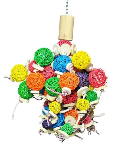 Vibrant large bird toy featuring a hive of colorful wicker balls and java wood slices, knotted with natural fibers for chewing fun.