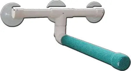 Close-up of the Med Shower Bird Perch-Happy Beaks, showcasing its sand-coated, non-slip PVC surface and sturdy suction cups for secure shower or window mounting.
