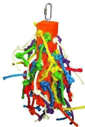 Vibrant Happy Beaks preening toy with colorful sisal ropes and a sturdy wooden block, perfect for medium to large birds.