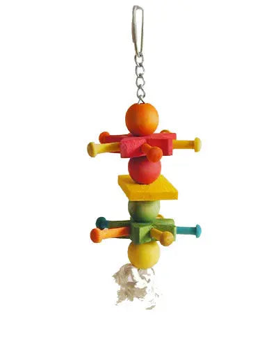 Colorful wooden cowboy spur bird toy with vibrant beads, blocks, a sturdy chain, and a rope knot for playful pecking.