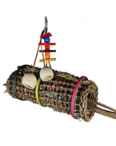Colorful Vine Mat Roll bird toy with woven texture, stuffed paper, and playful bagels, ideal for large birds.
