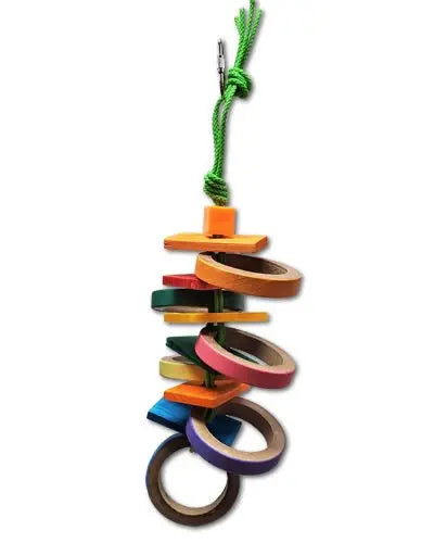 Colorful bird toy with vibrant 2" Birdie Bagels and wooden discs on poly rope, perfect for medium birds to chew and shred.