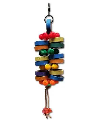 Vibrant bird toy with colorful plastic rings and chunky bagels on a sturdy leather strip, perfect for medium-sized birds.