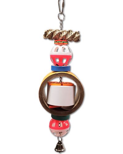 Colorful bird toy with a roll of chewable paper tape, a chunky bagel, plastic accents, and a jingling bell for playful fun.