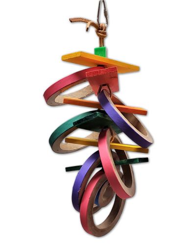 Vibrant bird toy with 6 bagels on leather straps and colorful wood slats, perfect for large birds to chew and shred.