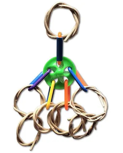 Colorful U.F.O. Happy Beaks bird toy with plastic links and woven rings, perfect for small birds to chew and play.