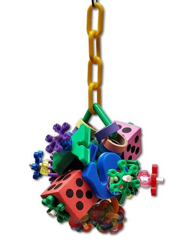 Vibrant bird toy with foam dice, colorful beads, plastic letters, rings, and gears on a chain, perfect for medium birds.