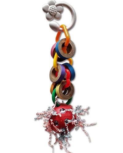 Colorful Deep Sea Blown Mine bird toy with fatty bagels, plastic rings, and a perforated ball stuffed with crinkle paper.