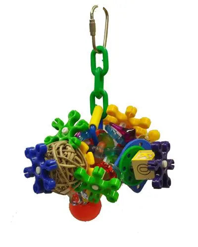 Colorful bird toy with a bouncy ball, wicker balls, plastic numbers, rings, gears, and wooden ABC blocks on a plastic chain.