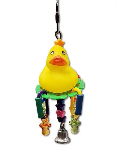 Charming rubber duck toy for birds, featuring colorful plastic discs, links, pacifiers, stars, and a jingly liberty bell.