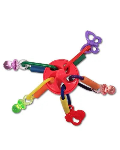 Colorful U.F.O 2 Happy Beaks bird toy with a UFO-shaped centerpiece, dangling plastic links, and pacifiers for small birds.