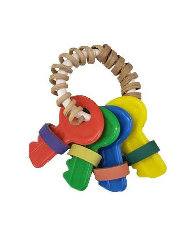 Vibrant plastic keys and mini birdie bagels dangle from a ring, with a natural pig tail woven through, perfect for big birds to chew and play.