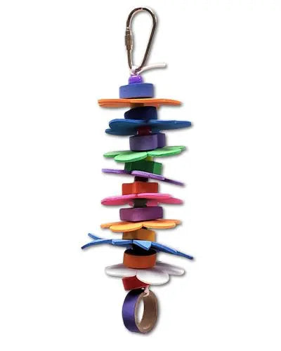 Bright foam flowers, colorful shapes, and tiny beads strung together on a playful bird toy for small feathered friends.