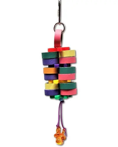 Colorful bird toy with mini bagels, plastic stars, and dangling pacifiers, perfect for small birds to chew and play.