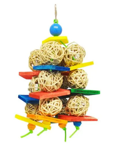 Vibrant wicker cluster toy for birds, featuring colorful wood pieces and wicker balls strung on poly rope, perfect for shredding fun.