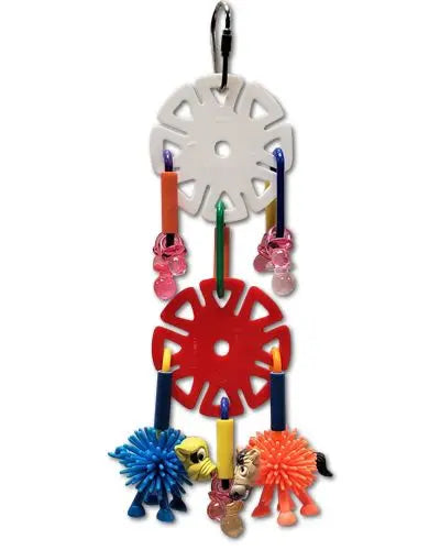 Colorful bird toy with plastic disks, pacifiers, and playful koosh animals, perfect for Cockatiels and similar birds.