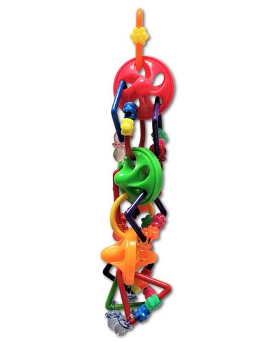 Vibrant bird toy with three plastic flying saucers and colorful dangling toy parts, perfect for small to medium birds.
