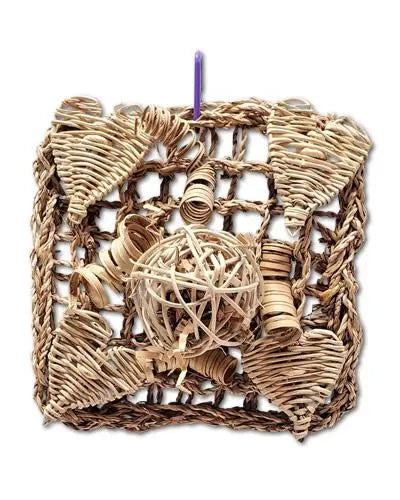 Vibrant Happy Beaks Small Vine Mat with curly bamboo, vine shapes, and a central munch ball stuffed with crinkle paper.