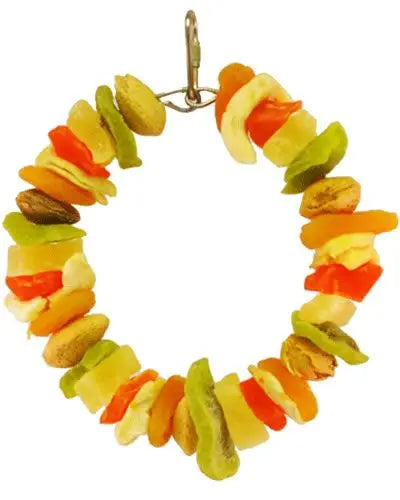 Vibrant Happy Beaks Fruit & Almond Ring toy, featuring colorful dried fruits and almonds strung on a 6-inch ring for birds.