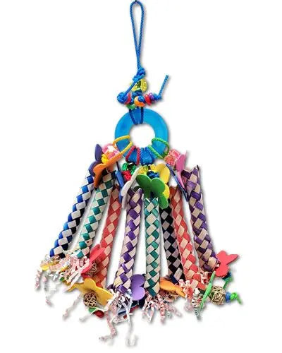 Colorful finger traps cascade from a plastic ring, adorned with foam flowers and wicker balls, in a playful bird toy design.