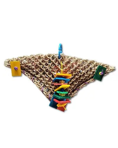 Vibrant Triangle Vine Mat toy for birds, packed with colorful crinkle paper, beads, wood pieces, and dangling ropes.