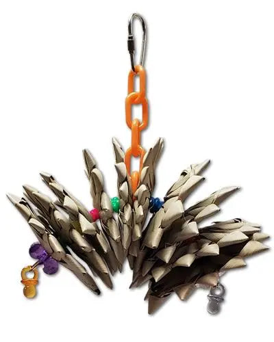 Colorful woven palm leaves and plastic flowers create a fun, shreddable toy for small to medium birds, made in the USA.