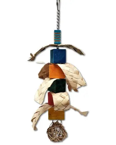 Vibrant bird toy with colorful wooden blocks, woven palm leaves, and a wicker ball, hanging on a sturdy chain for playful beaks.