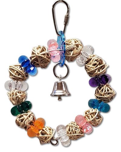 Colorful Munch Ball Swing XS for small birds, featuring chewable vine balls, plastic stars, and a fun bell on top.