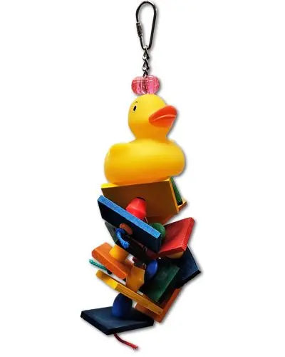 Charming Duck on Patrol bird toy with a cute rubber duck perched on top, featuring colorful wood and plastic shapes on knotted rope.