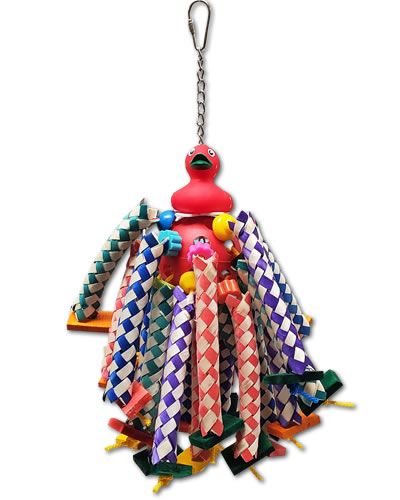 Vibrant bird toy with a rubber ducky on a foam lily pad, colorful finger traps, and plastic toys on a poly rope, sized for medium birds.