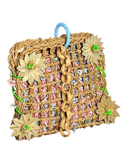 Colorful sea grass mat toy for birds, stuffed with crinkle paper and adorned with wooden pieces on poly rope for chewing fun.