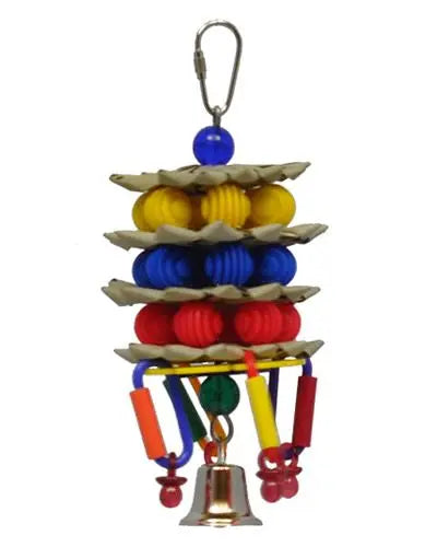 Vibrant bird toy with woven palm leaves, colorful plastic rings, and dangling pacifiers for endless feathered fun.