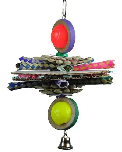 Vibrant 1960's UFO Happy Beaks bird toy with colorful bagels, plastic balls, bamboo traps, palm stars, and a shiny bell.