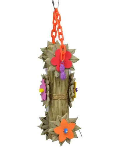 Vibrant bundle of natural palm strands with woven leaves, foam flowers, and colorful plastic toys for birds to shred.